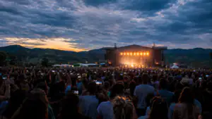 Outdoor country concert crowd beneath a dramatic sunset sky
