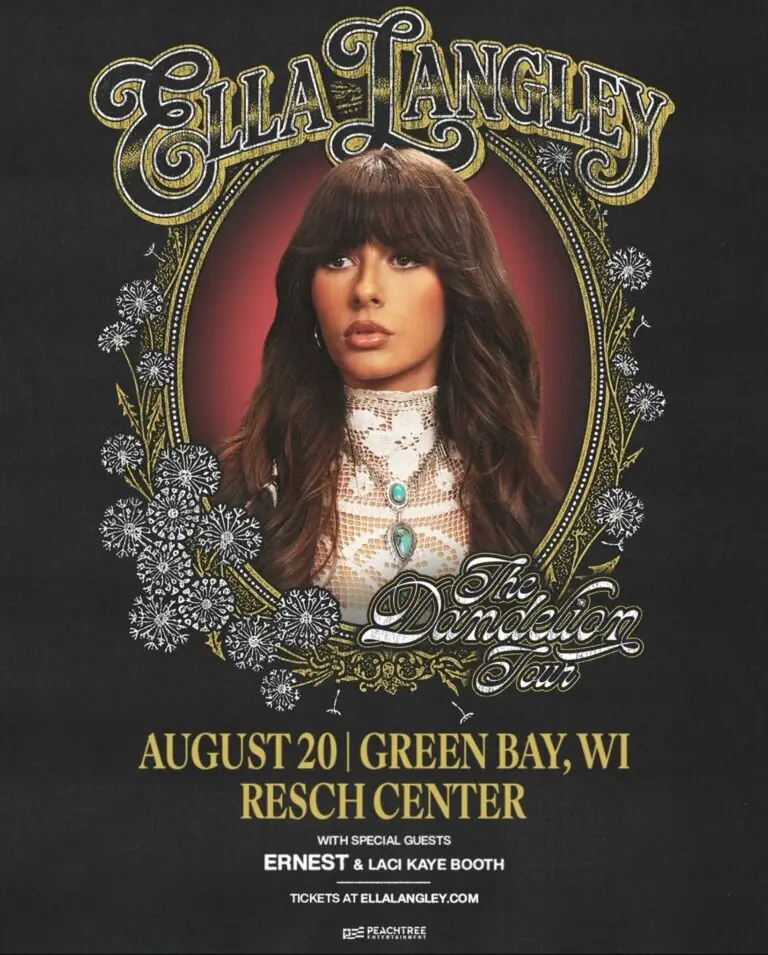 Ella Langley Dandelion Tour poster for Resch Center, Green Bay, August 20 2026, with ERNEST and Laci Kaye Booth