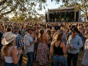 Sunlit outdoor country music festival crowd