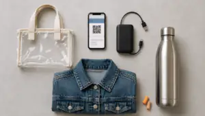 What to bring to an Ella Langley concert, clear bag, charger, water bottle and layers laid out